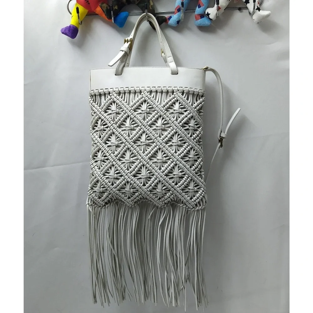 Tory Burch White Leather Woven Braided Macramé Fringe Limited Ed Crossbody Bag
